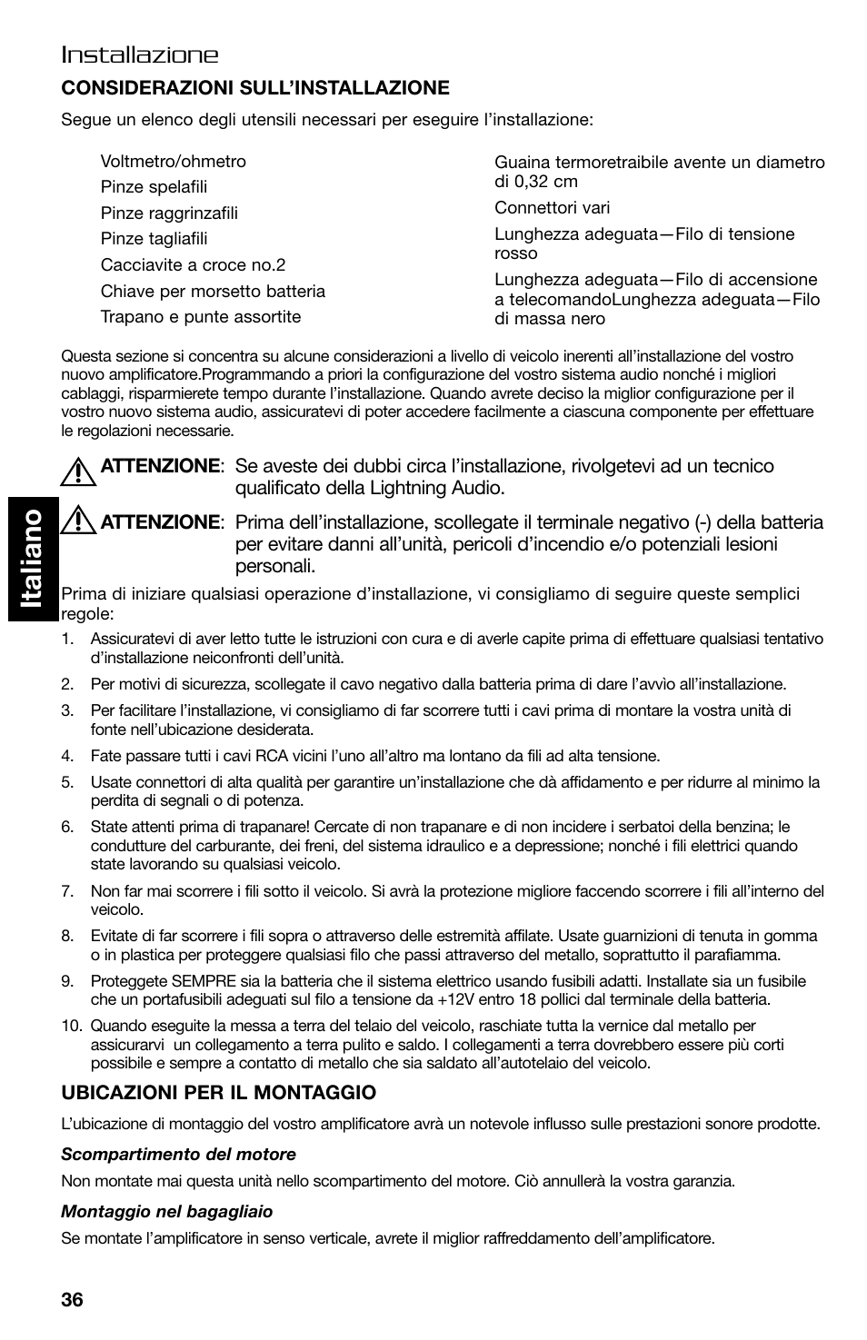 Italiano, Installazione | Lightning Audio FF150.2 User Manual | Page 36 / 44