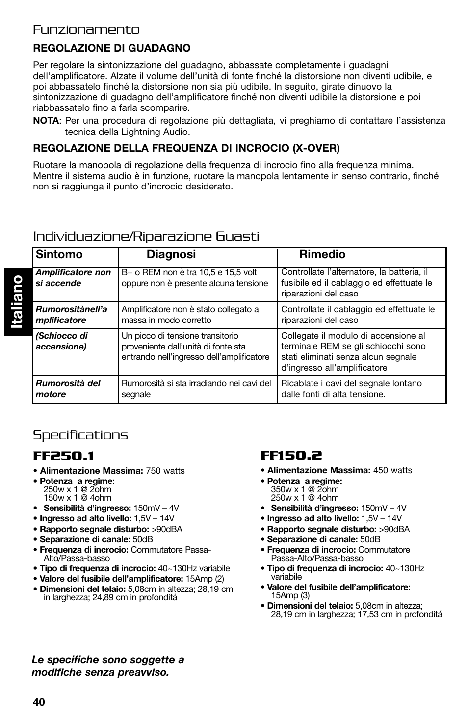 Italiano, Individuazione/riparazione guasti funzionamento, Specifications ff250.1 | Ff150.2, Sintomo diagnosi rimedio | Lightning Audio FF150.2 User Manual | Page 40 / 44
