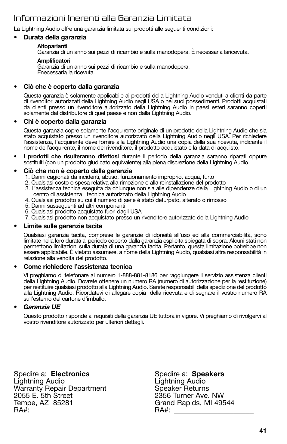 Informazioni inerenti alla garanzia limitata | Lightning Audio FF150.2 User Manual | Page 41 / 44