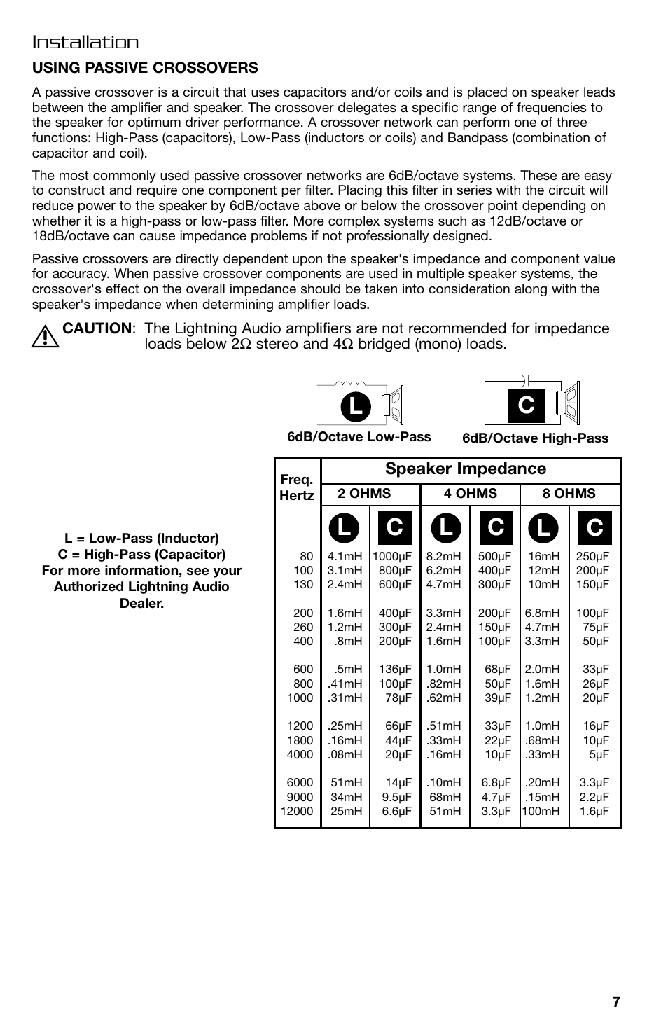 Lc c c, Installation, Speaker impedance | Lightning Audio FF150.2 User Manual | Page 7 / 44