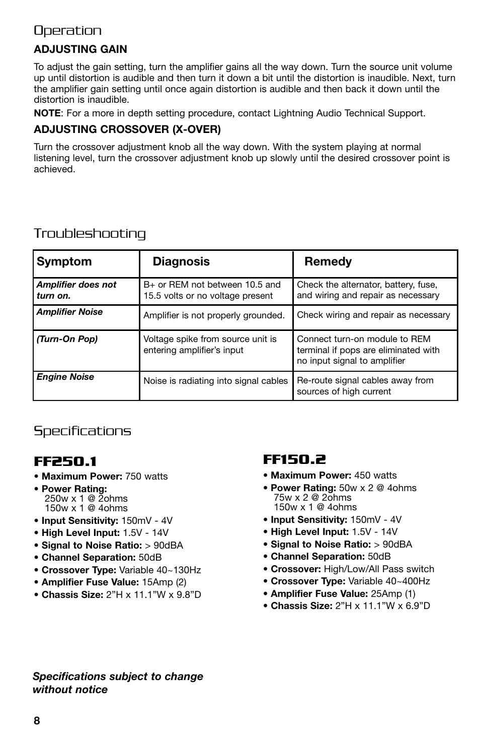 Troubleshooting operation, Specifications | Lightning Audio FF150.2 User Manual | Page 8 / 44