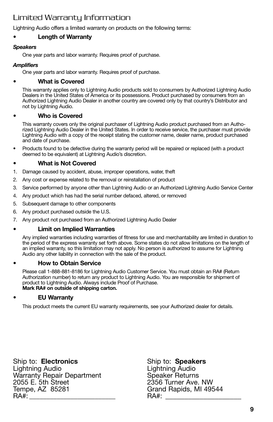 Limited warranty information | Lightning Audio FF150.2 User Manual | Page 9 / 44