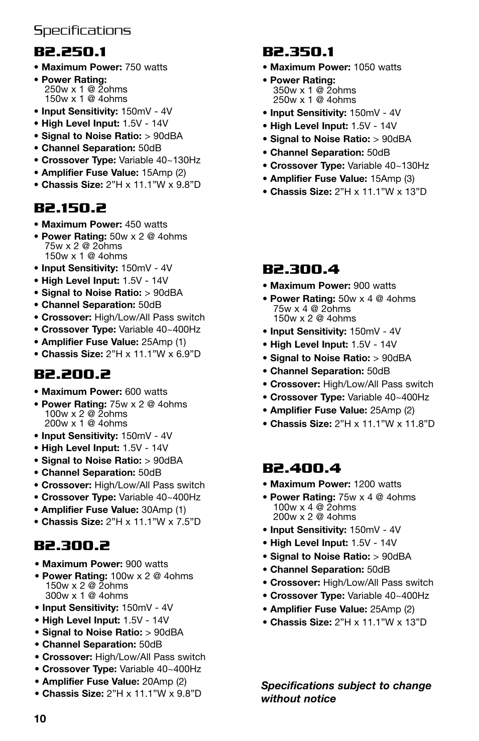 Specifications | Lightning Audio B2.350.1 User Manual | Page 10 / 52