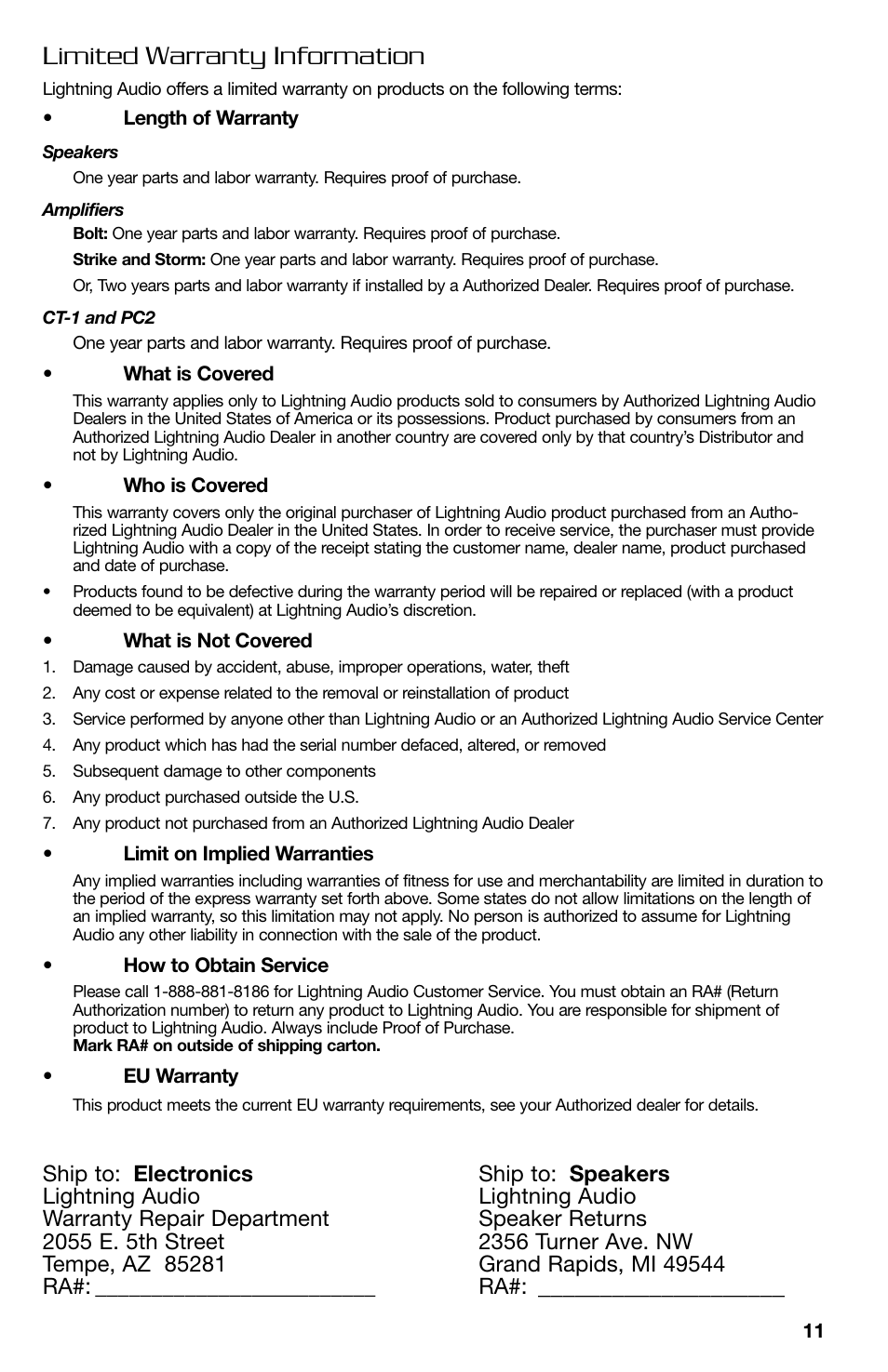 Limited warranty information | Lightning Audio B2.350.1 User Manual | Page 11 / 52
