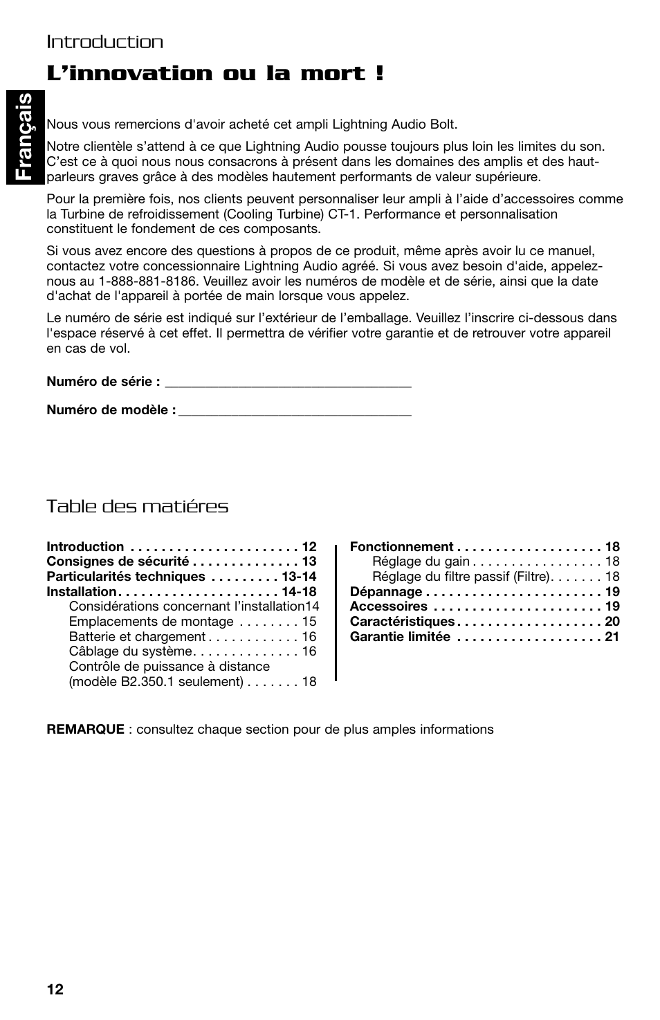 L’innovation ou la mort, Fran ç ais, Introduction table des matiéres | Lightning Audio B2.350.1 User Manual | Page 12 / 52