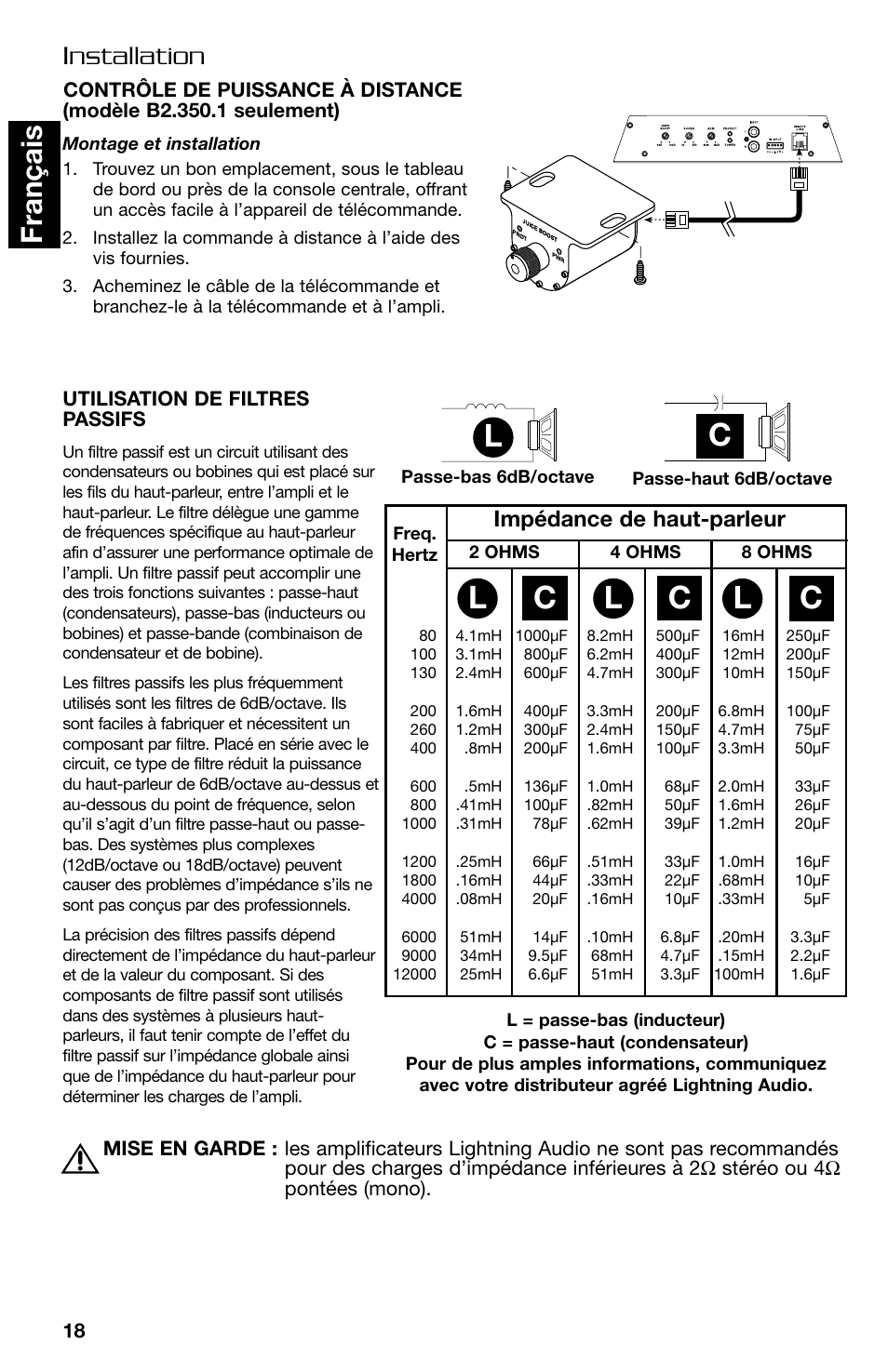 Lc c c, Fran ç ais, Installation | Impédance de haut-parleur | Lightning Audio B2.350.1 User Manual | Page 18 / 52