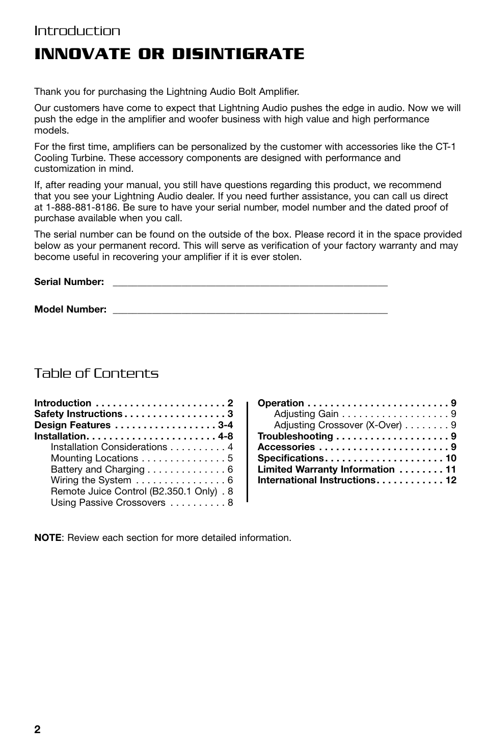Innovate or disintigrate, Introduction table of contents | Lightning Audio B2.350.1 User Manual | Page 2 / 52