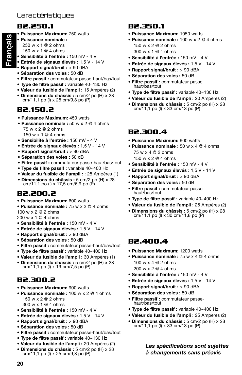Fran ç ais, Caractéristiques | Lightning Audio B2.350.1 User Manual | Page 20 / 52
