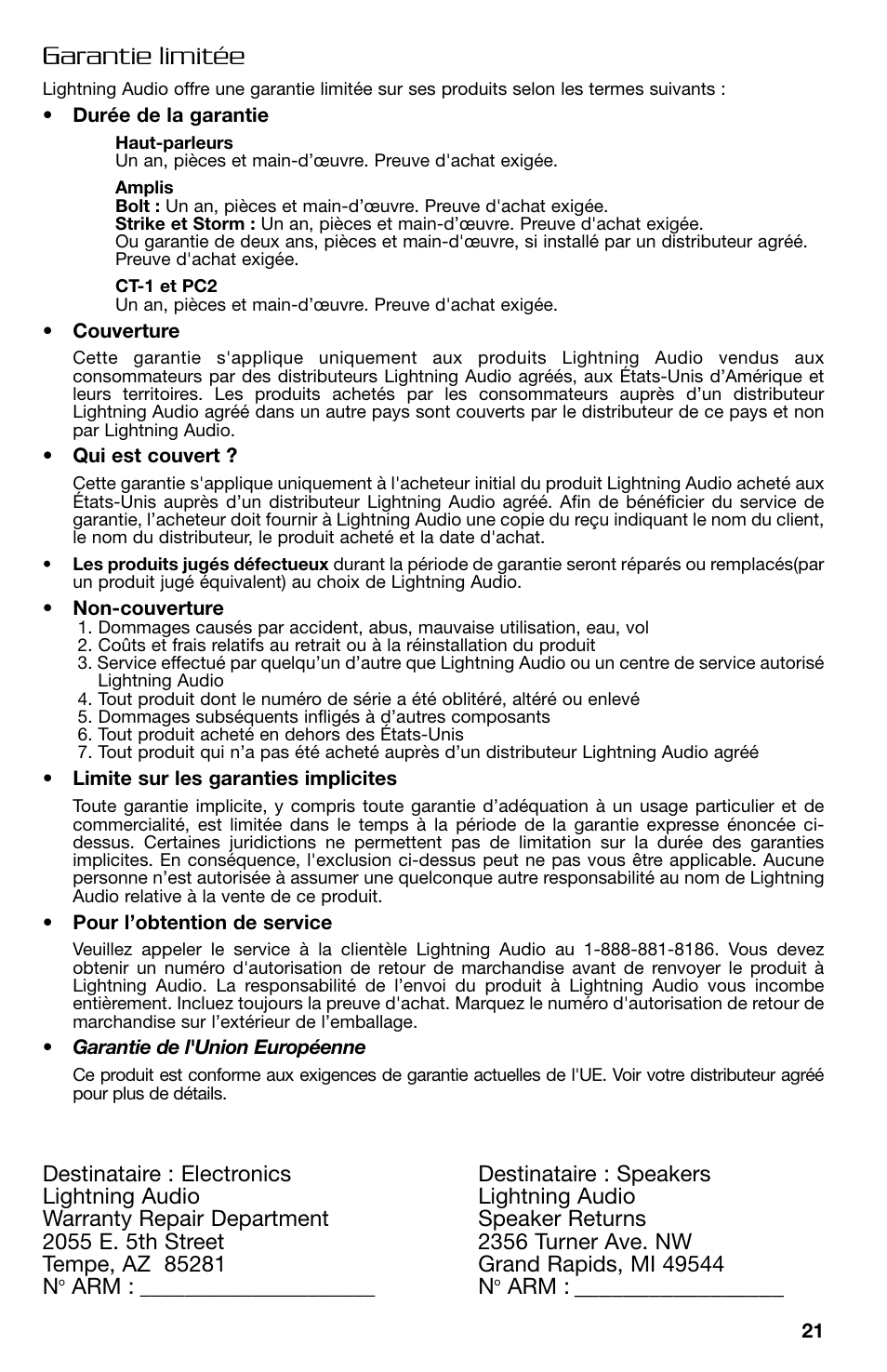 Garantie limitée | Lightning Audio B2.350.1 User Manual | Page 21 / 52
