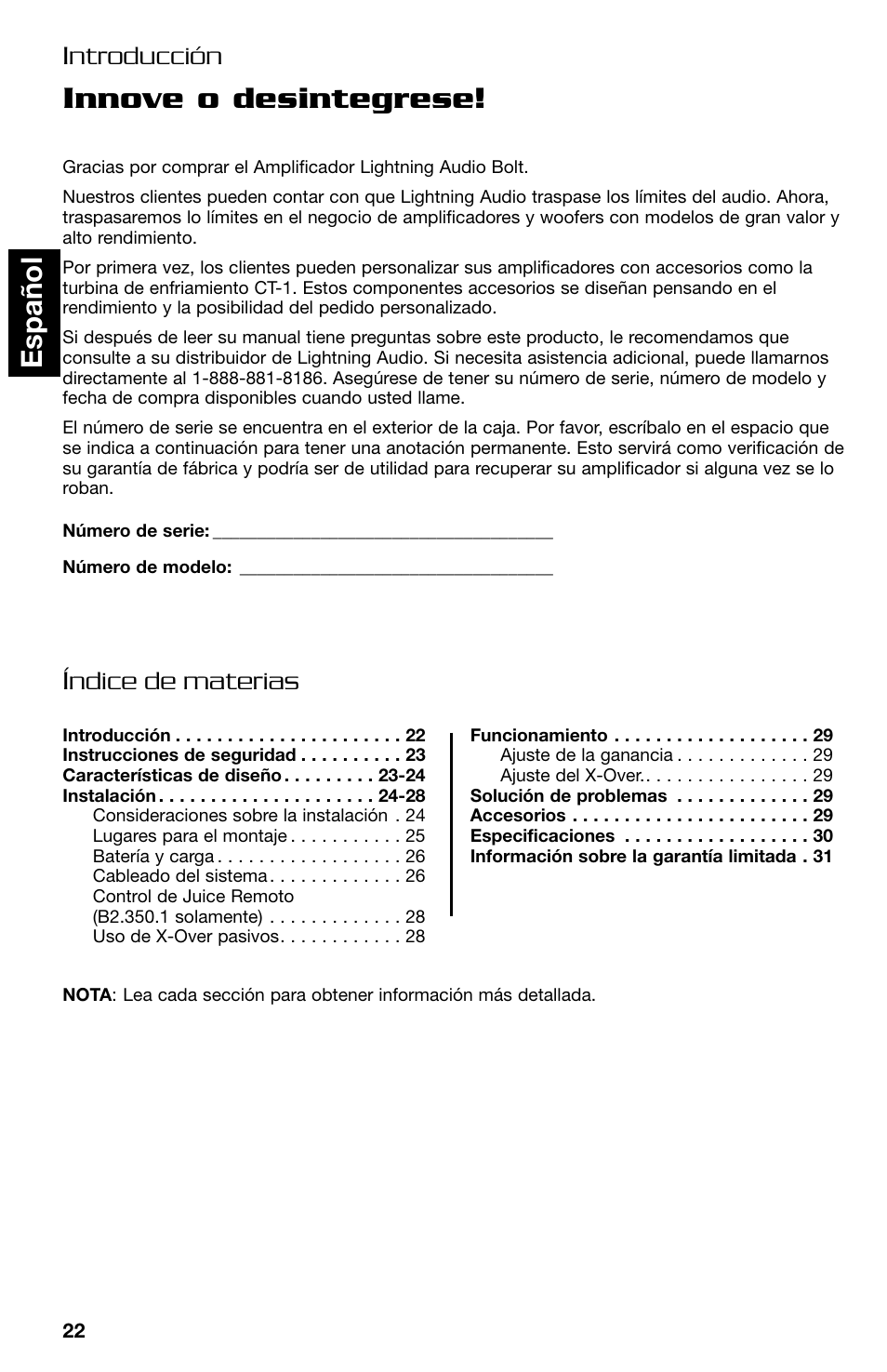 Innove o desintegrese, Espa ñ ol, Introducción índice de materias | Lightning Audio B2.350.1 User Manual | Page 22 / 52