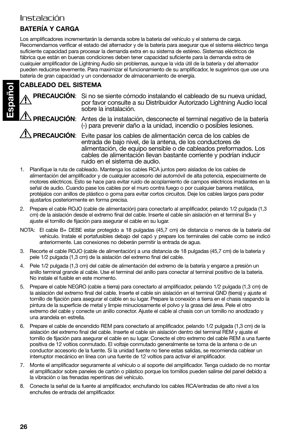 Espa ñ ol, Instalación | Lightning Audio B2.350.1 User Manual | Page 26 / 52