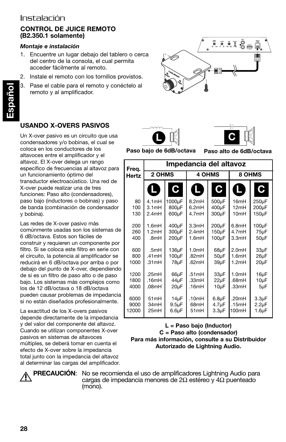 Lc c c, Espa ñ ol, Instalación | Impedancia del altavoz | Lightning Audio B2.350.1 User Manual | Page 28 / 52