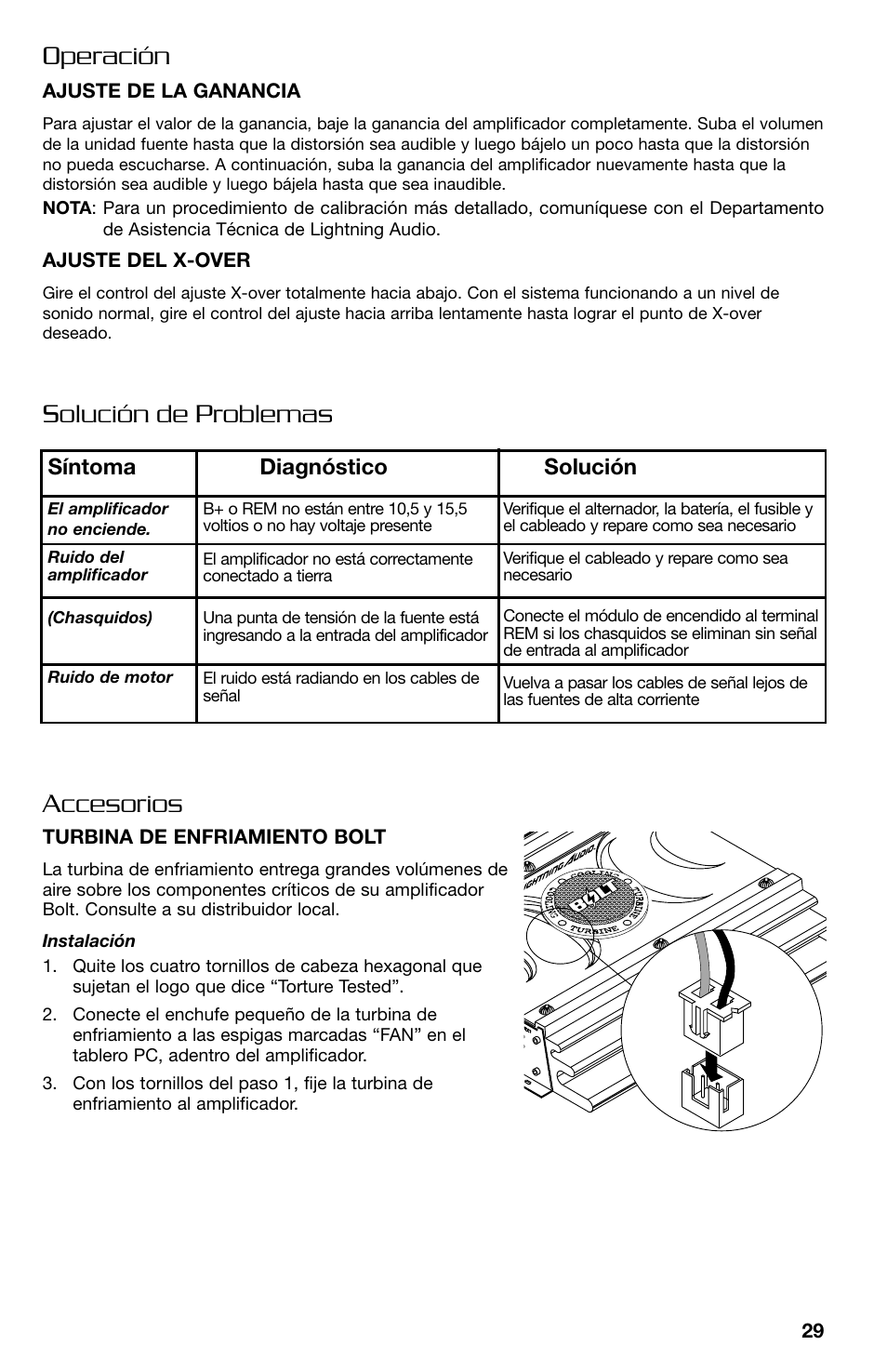 Solución de problemas accesorios operación, Síntoma diagnóstico solución | Lightning Audio B2.350.1 User Manual | Page 29 / 52