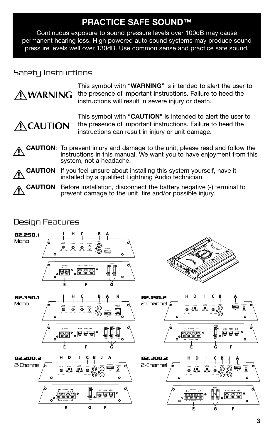 Safety instructions design features, Practice safe sound | Lightning Audio B2.350.1 User Manual | Page 3 / 52