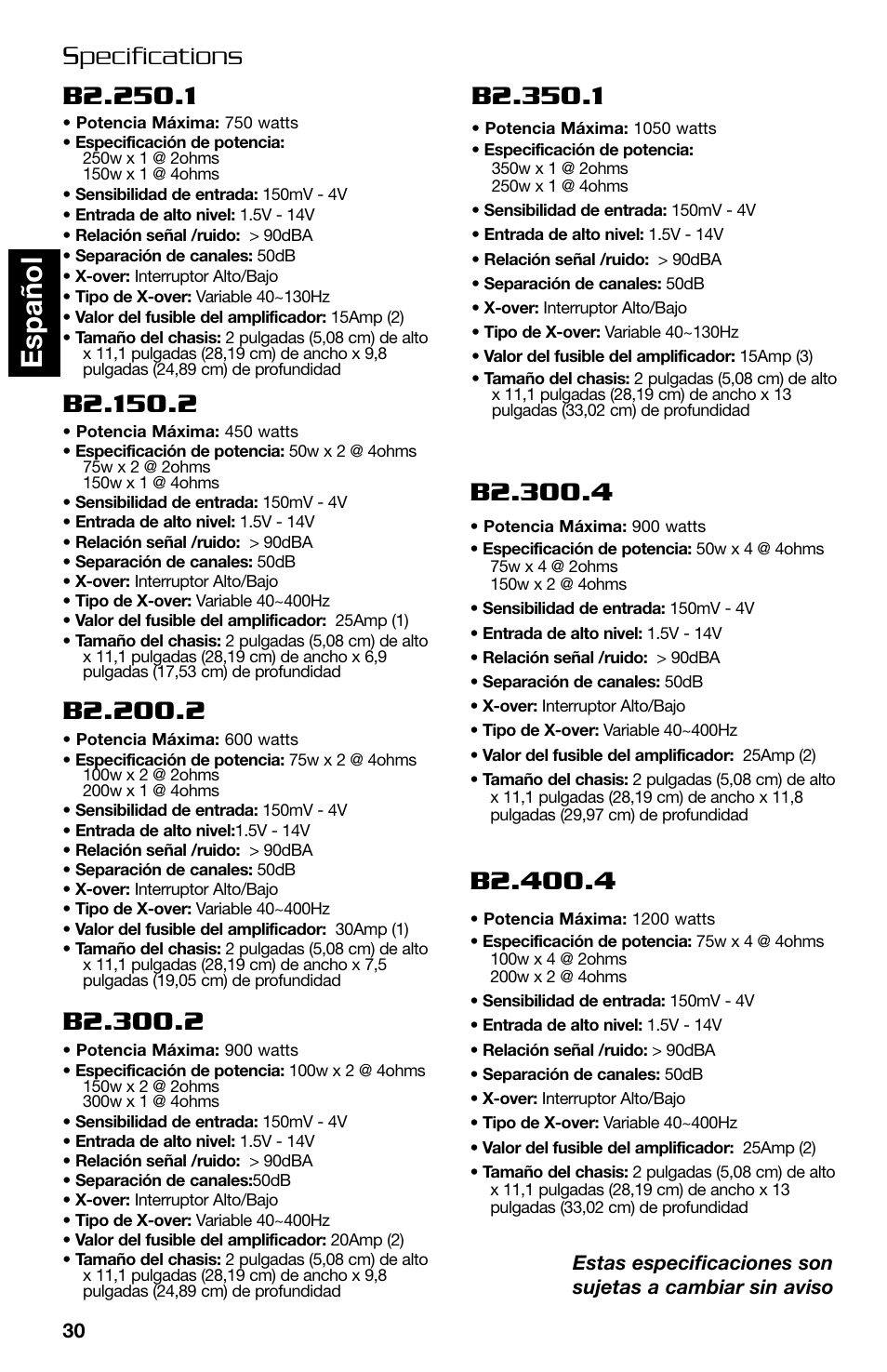 Espa ñ ol, Specifications | Lightning Audio B2.350.1 User Manual | Page 30 / 52