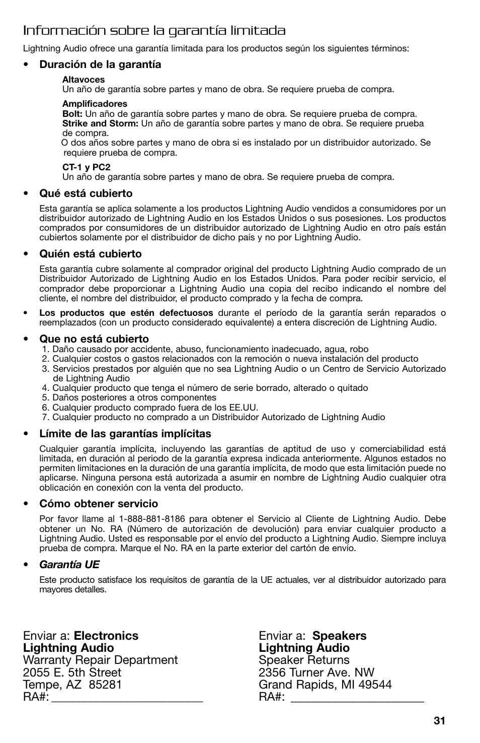 Información sobre la garantía limitada | Lightning Audio B2.350.1 User Manual | Page 31 / 52