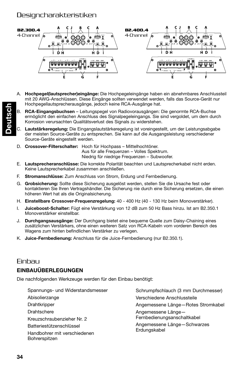 Deutsch, Designcharakteristiken einbau, Einbauüberlegungen | Lightning Audio B2.350.1 User Manual | Page 34 / 52