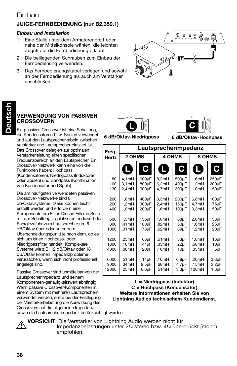 Lc c c, Deutsch, Einbau | Lautsprecherimpedanz | Lightning Audio B2.350.1 User Manual | Page 38 / 52