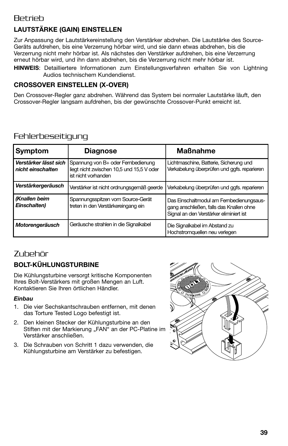 Fehlerbeseitigung zubehör betrieb, Symptom diagnose maßnahme | Lightning Audio B2.350.1 User Manual | Page 39 / 52