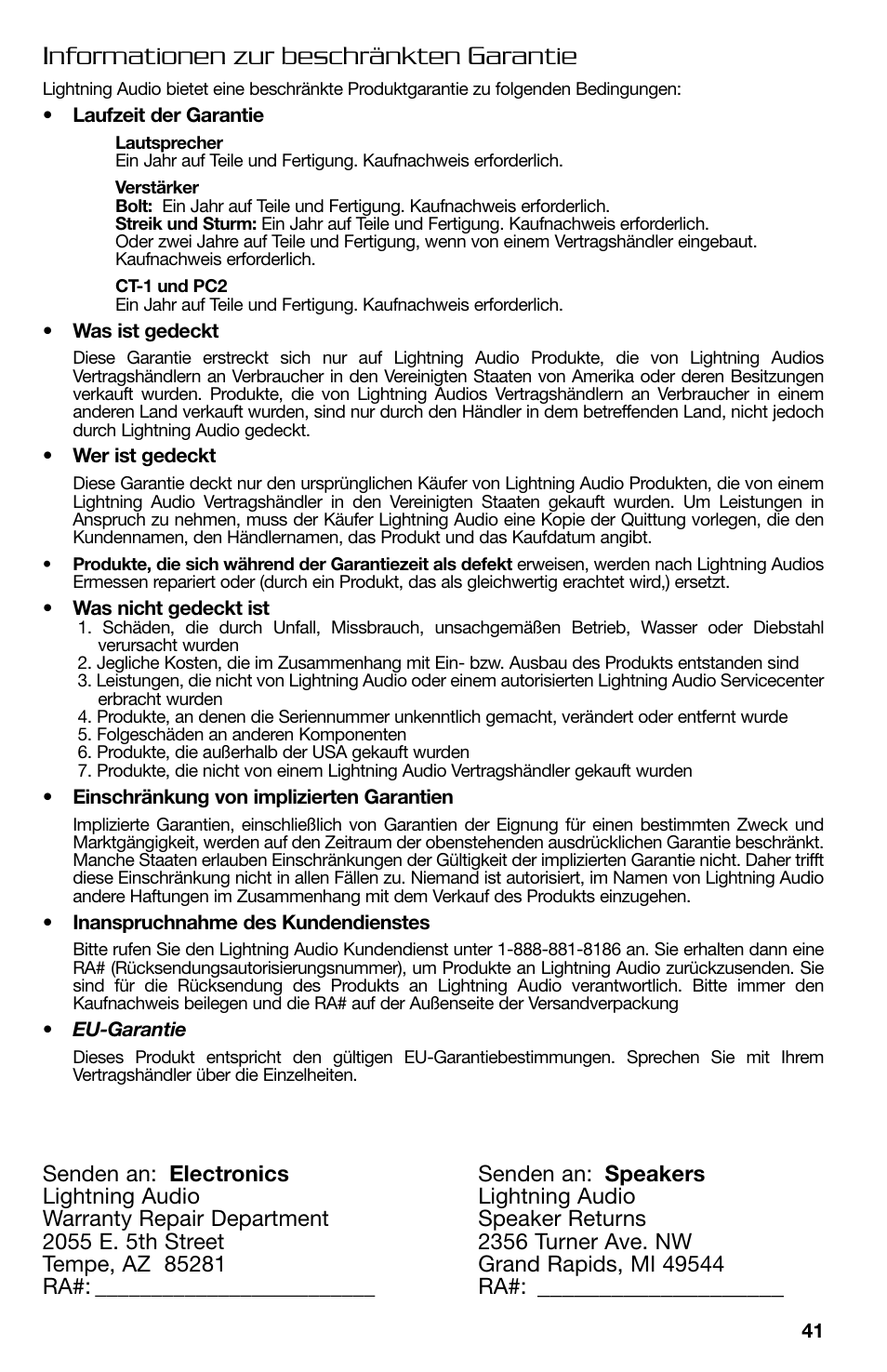 Informationen zur beschränkten garantie | Lightning Audio B2.350.1 User Manual | Page 41 / 52