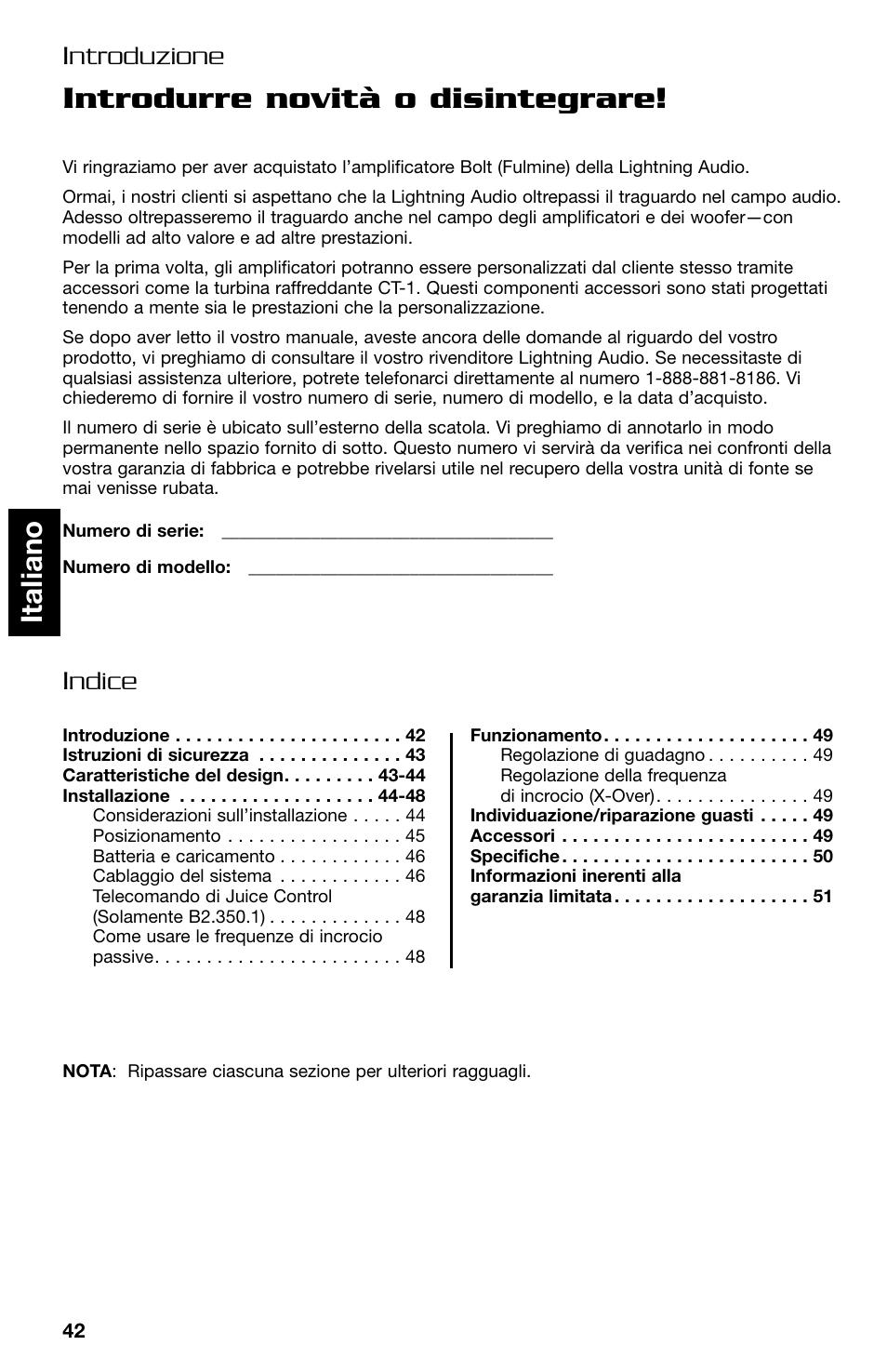Introdurre novità o disintegrare, Italiano, Introduzione indice | Lightning Audio B2.350.1 User Manual | Page 42 / 52