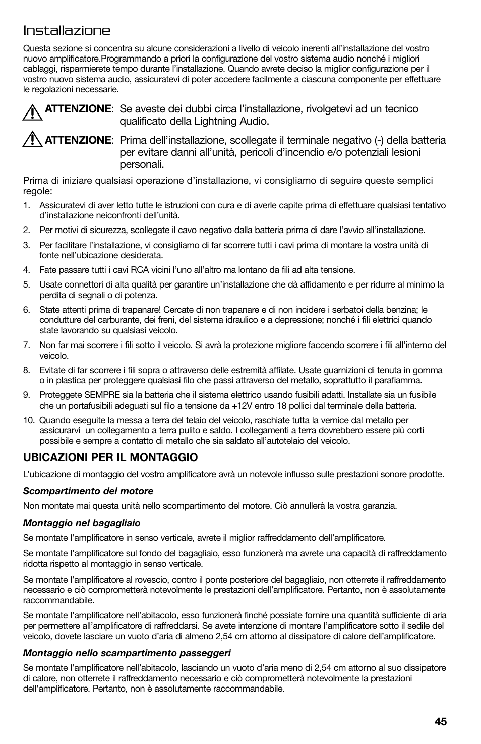 Installazione | Lightning Audio B2.350.1 User Manual | Page 45 / 52