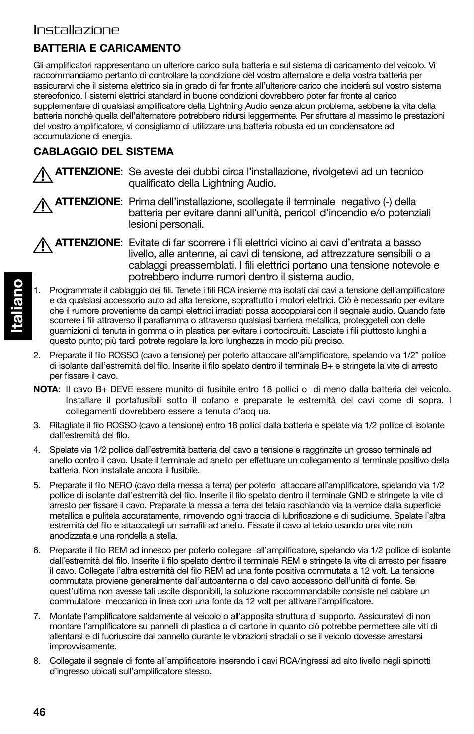 Italiano, Installazione | Lightning Audio B2.350.1 User Manual | Page 46 / 52