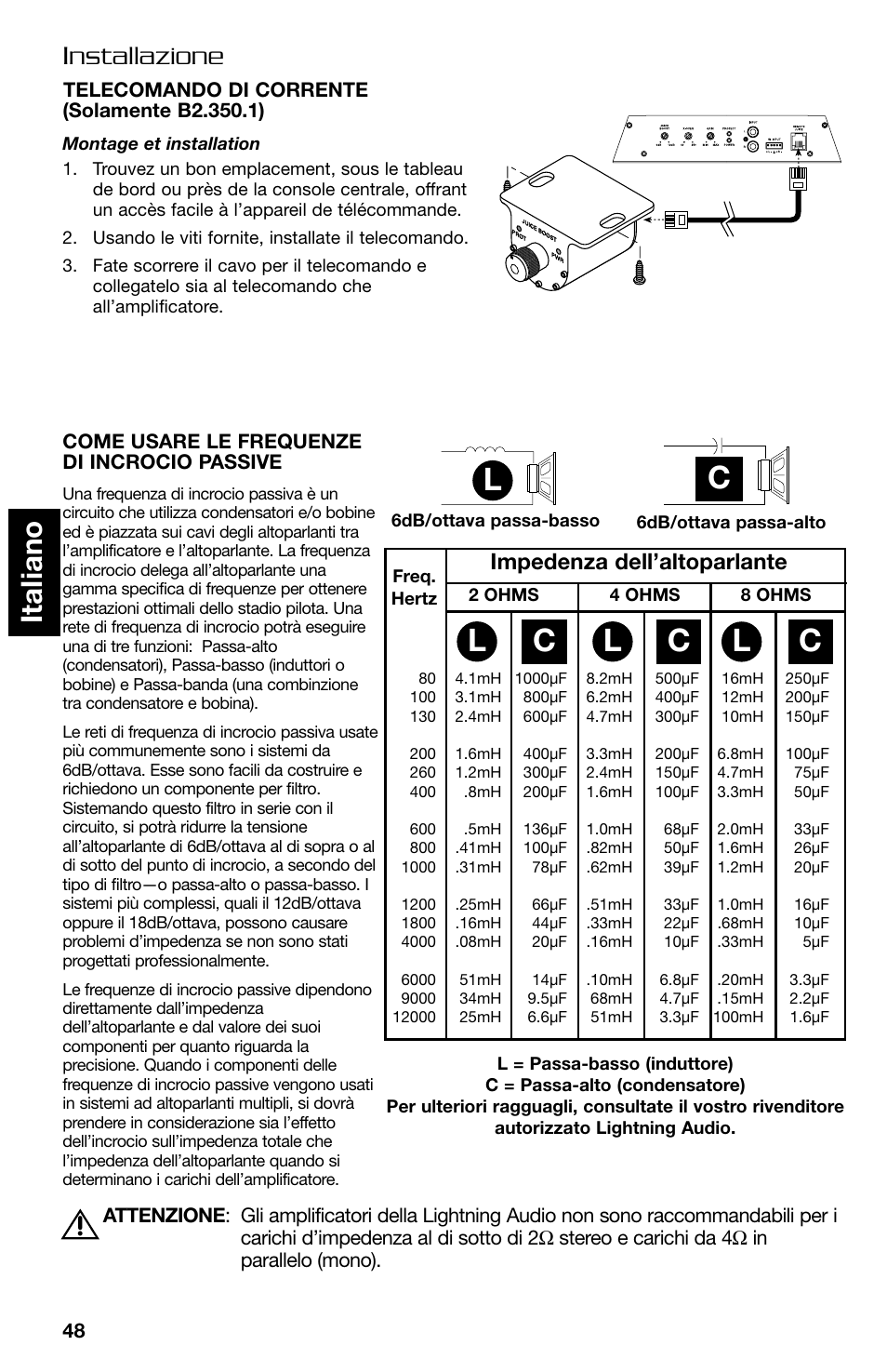 Lc c c, Italiano, Installazione | Impedenza dell’altoparlante | Lightning Audio B2.350.1 User Manual | Page 48 / 52