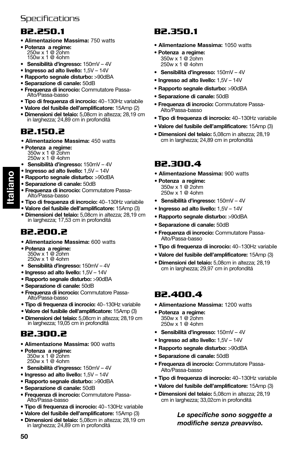 Italiano, Specifications | Lightning Audio B2.350.1 User Manual | Page 50 / 52