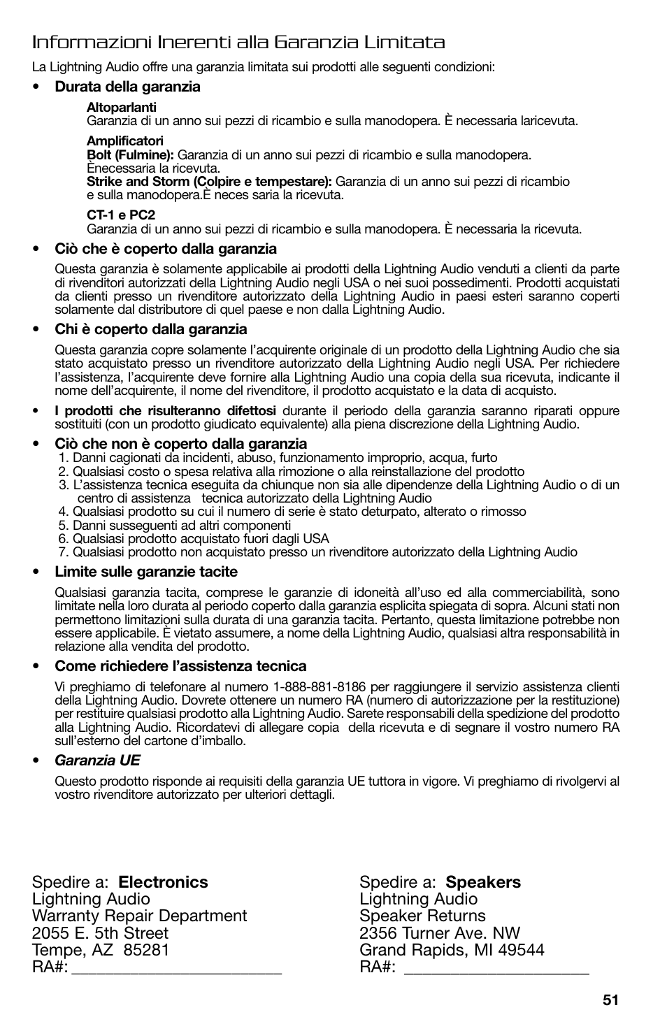 Informazioni inerenti alla garanzia limitata | Lightning Audio B2.350.1 User Manual | Page 51 / 52