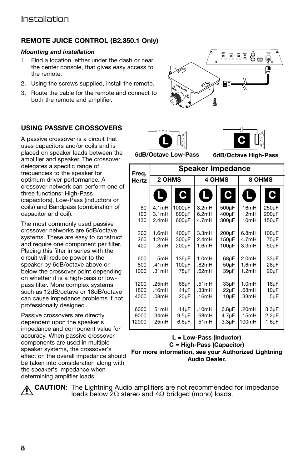 Lc c c, Installation, Speaker impedance | Lightning Audio B2.350.1 User Manual | Page 8 / 52