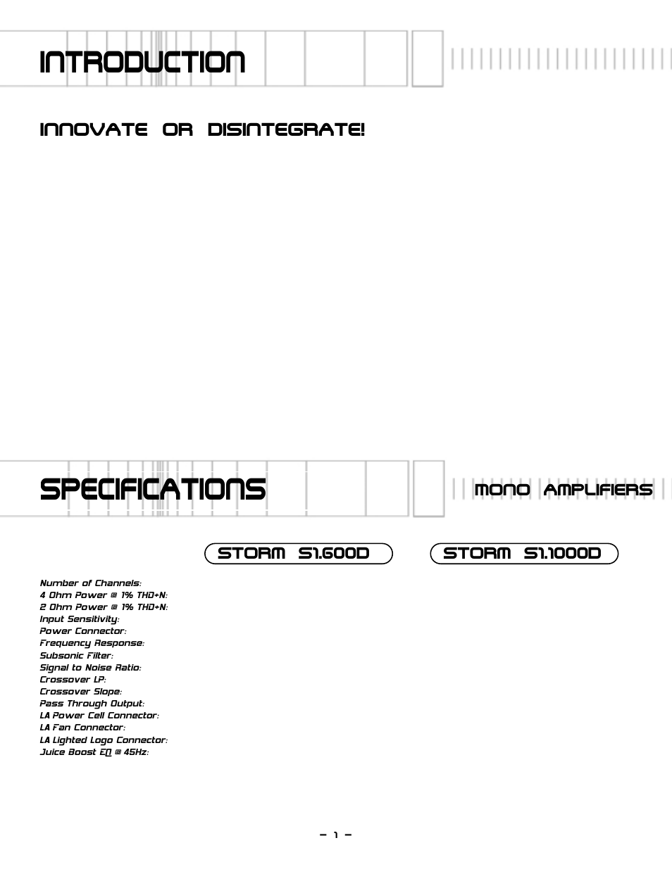 Introduction, Specifications, Innovate or disintegrate | Lightning Audio S1.600D User Manual | Page 2 / 24