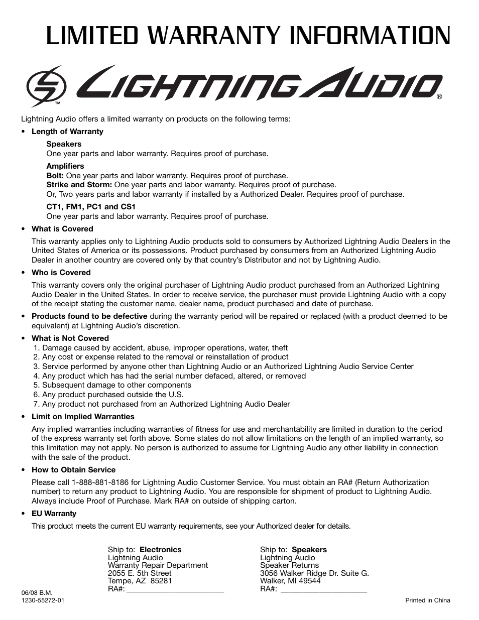 Limited warranty information | Lightning Audio B4.40.2TK User Manual | Page 4 / 4