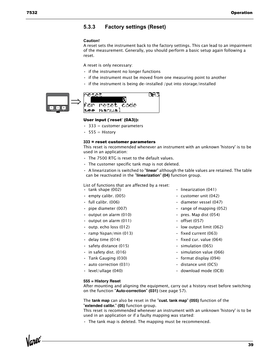 3 factory settings (reset), User input ("reset" (0a3)), 333 = reset customer parameters | Lightning Audio 7532 User Manual | Page 39 / 106