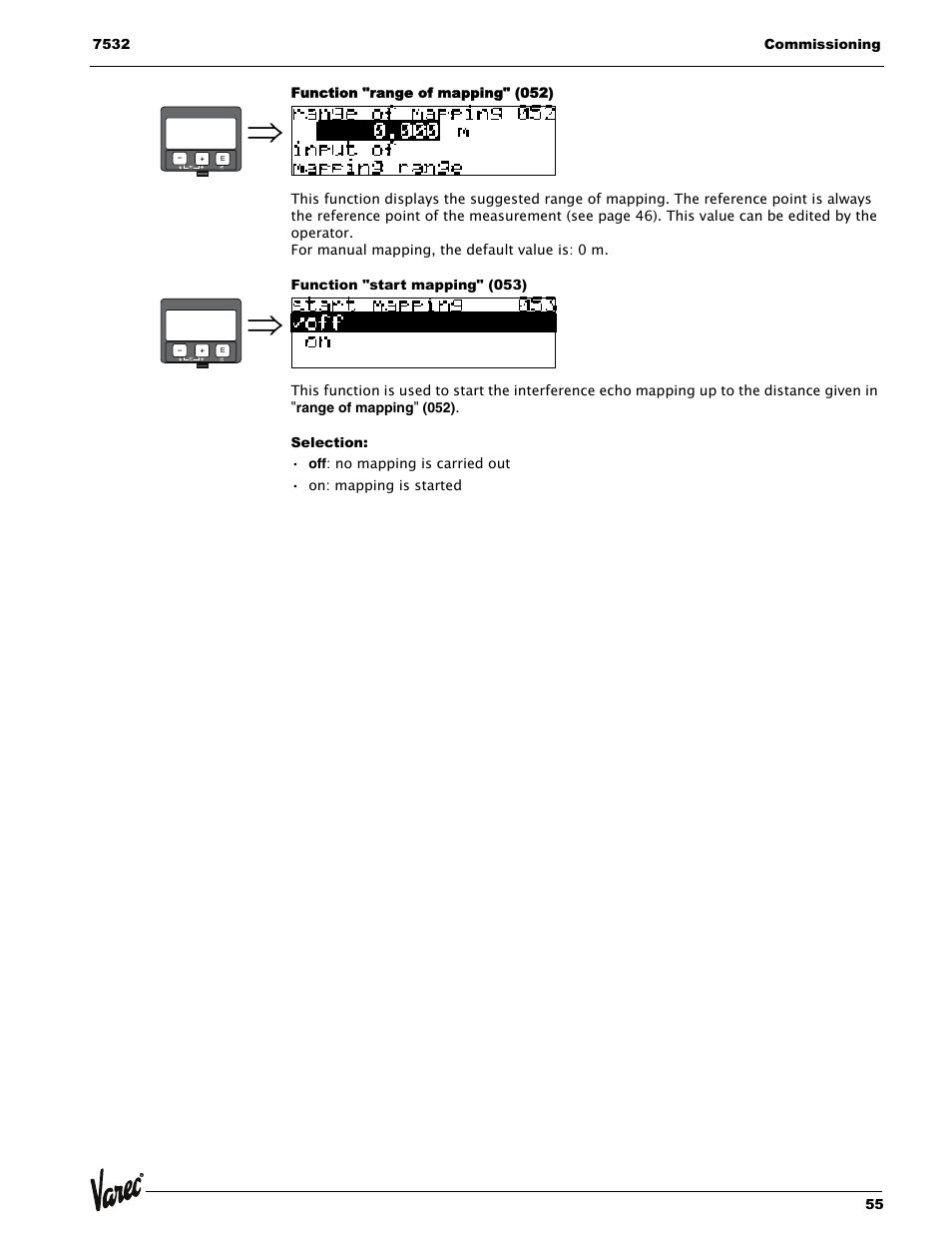 Function "range of mapping" (052), Function "start mapping" (053), Selection | Lightning Audio 7532 User Manual | Page 55 / 106