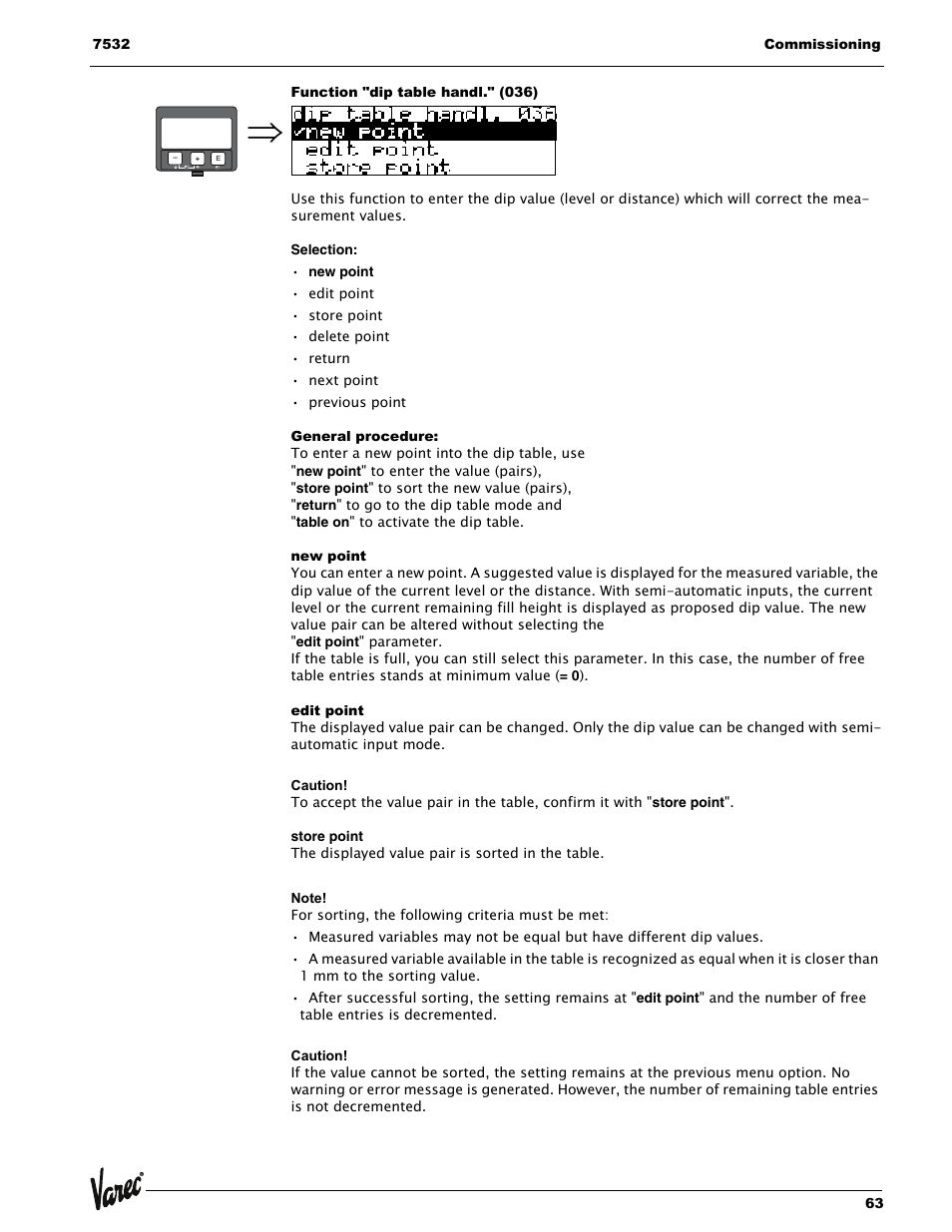 Function "dip table handl." (036), General procedure, New point | Edit point, Store point | Lightning Audio 7532 User Manual | Page 63 / 106