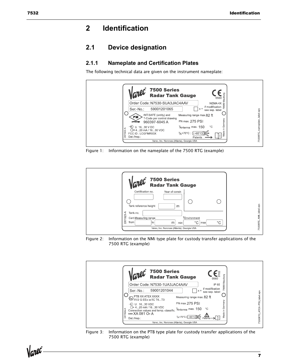 2 identification, 1 device designation, 1 nameplate and certification plates | Identification, Device designation, 2identification | Lightning Audio 7532 User Manual | Page 7 / 106