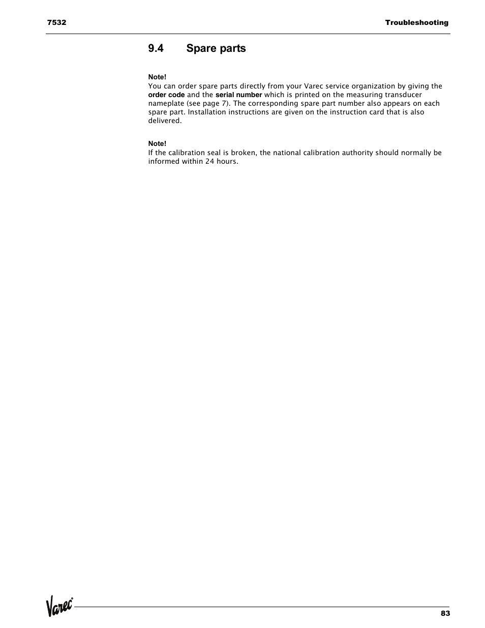 4 spare parts, Spare parts | Lightning Audio 7532 User Manual | Page 83 / 106