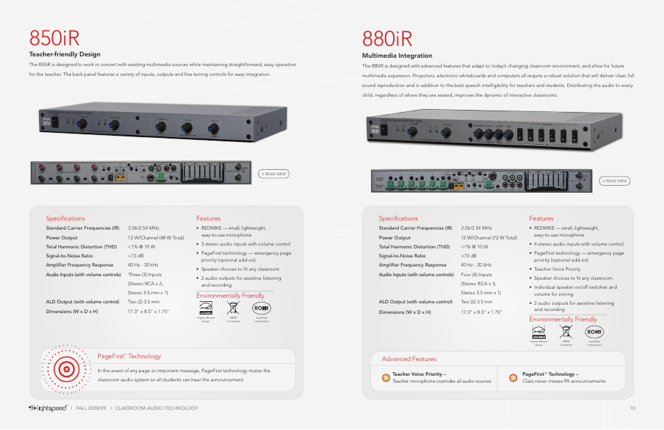 850ir, 880ir, Teacher-friendly design | Specifications, Features, Pagefirst, Technology, Multimedia integration, Advanced features, Environmentally friendly | LightSpeed Technologies RedCat User Manual | Page 6 / 9