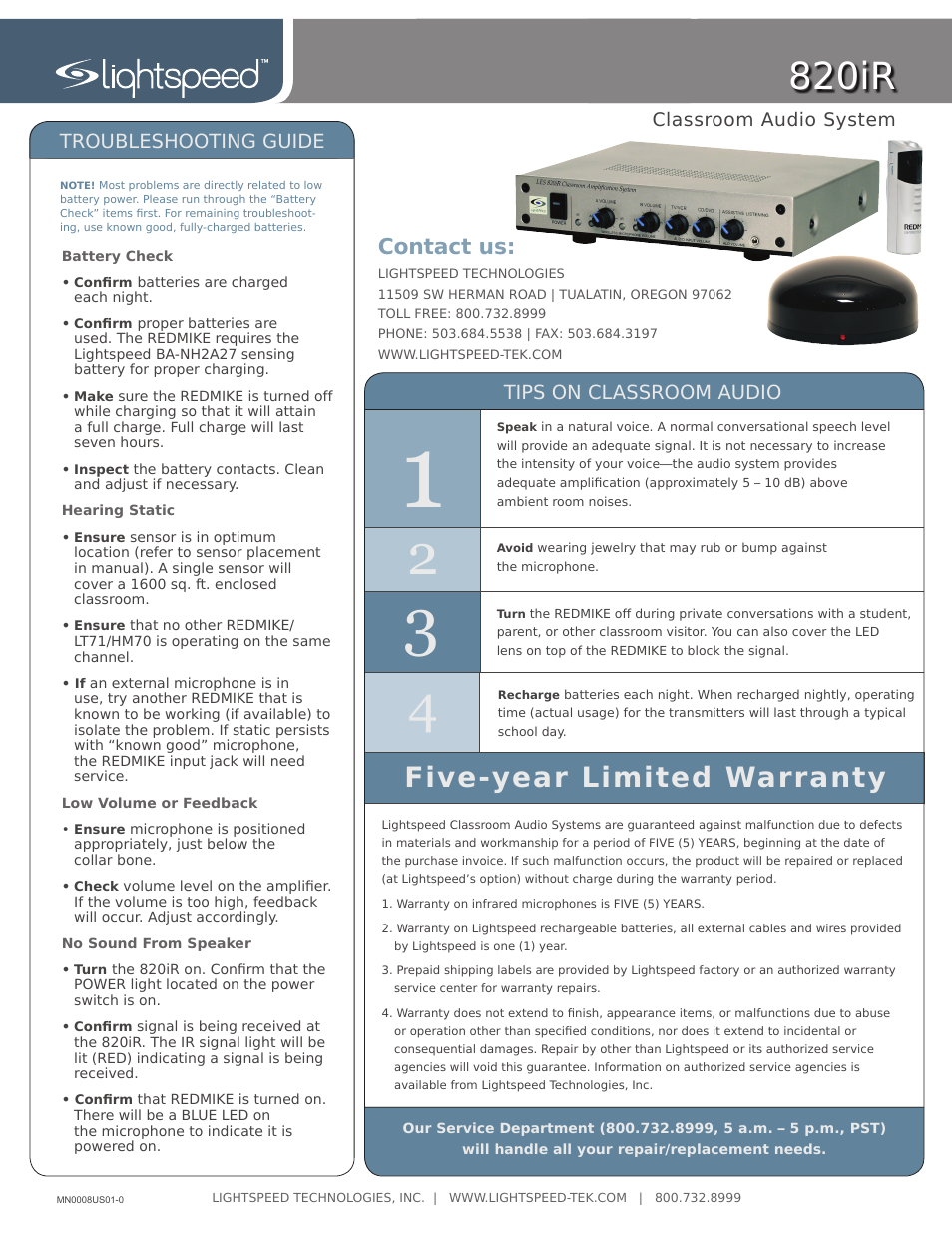 820ir, Five-year limited warranty, Contact us | LightSpeed Technologies 820iR User Manual | Page 2 / 2