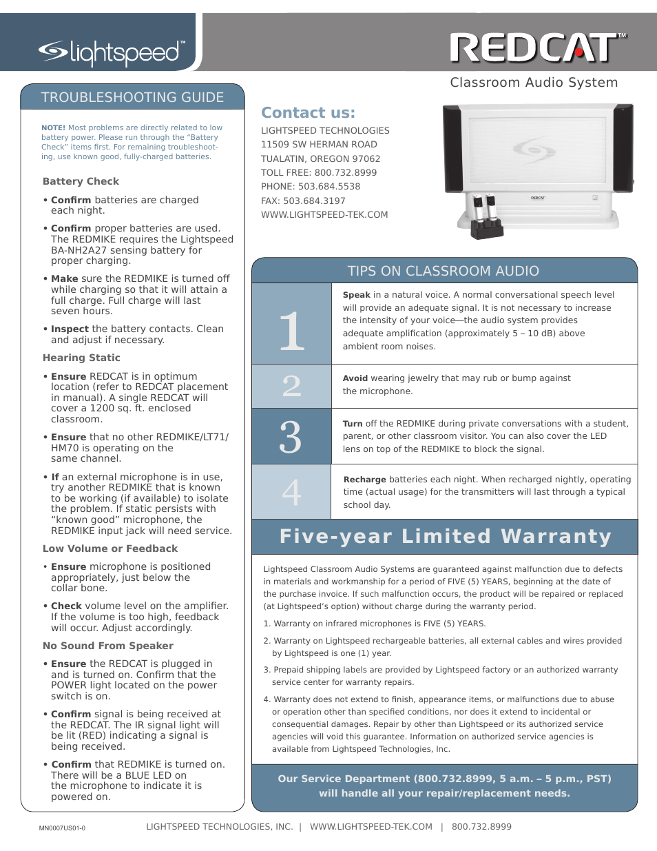 Five-year limited warranty, Contact us | LightSpeed Technologies REDCAT Classroom Audio System User Manual | Page 2 / 2