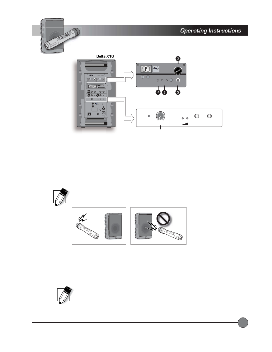Wireless microphones, Operating instructions, Wireless microphone opera | LightSpeed Technologies Delta X10 User Manual | Page 14 / 35
