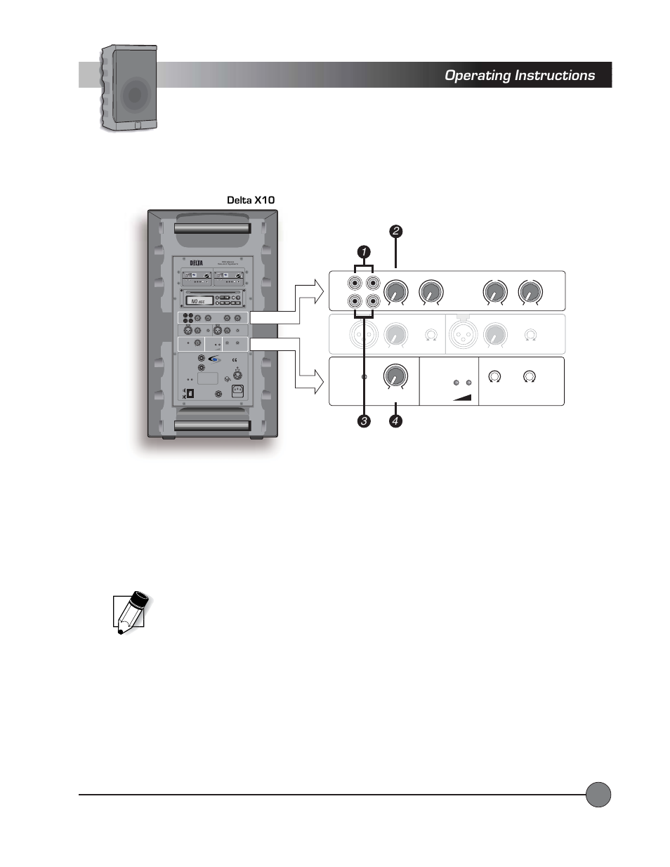 External audio in/out, Operating instructions, Connecting external audio sources | Connecting audio output to external devices, Delta x10 | LightSpeed Technologies Delta X10 User Manual | Page 19 / 35