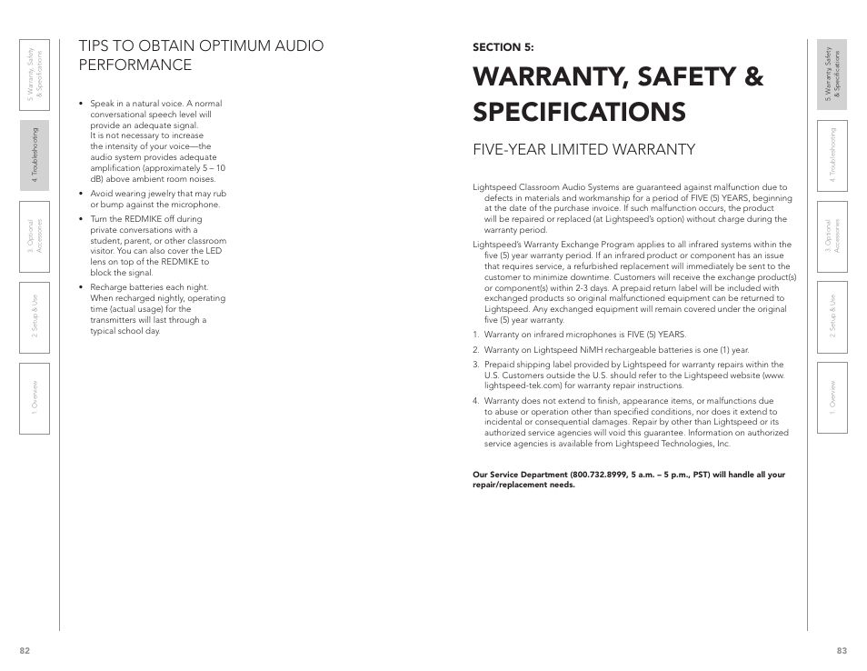 Warranty, safety & specifications, Five-year limited warranty, Tips to obtain optimum audio performance | LightSpeed Technologies CAT 860 User Manual | Page 42 / 45