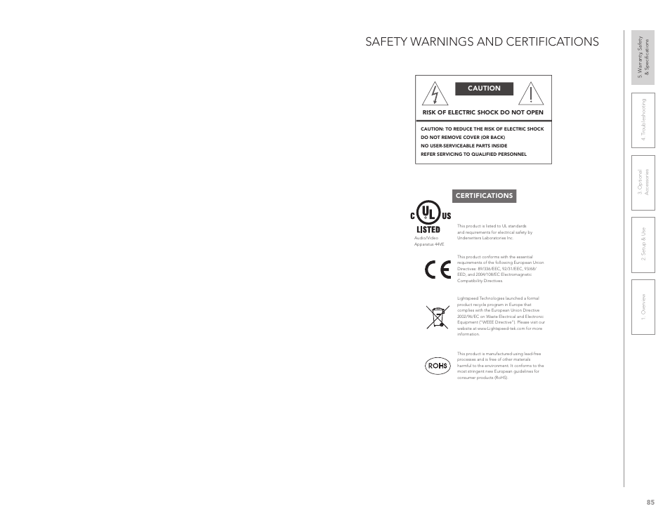 Safety warnings and certifications | LightSpeed Technologies CAT 860 User Manual | Page 43 / 45