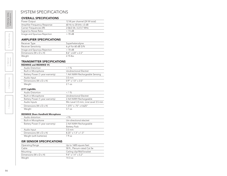System specifications | LightSpeed Technologies CAT 860 User Manual | Page 44 / 45