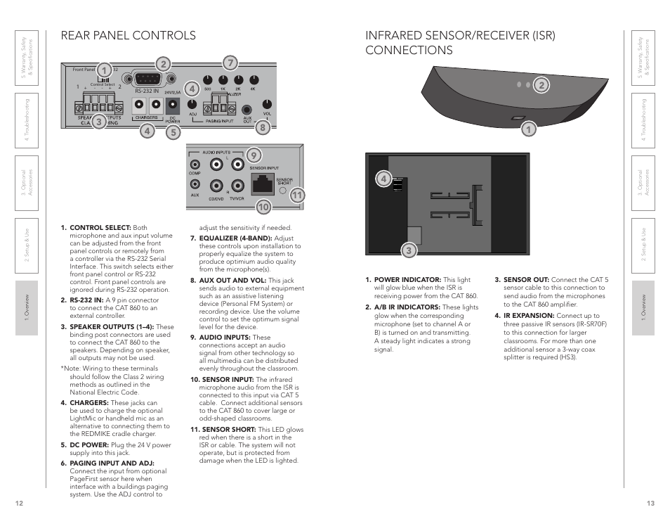 Infrared sensor/receiver (isr) connections, Rear panel controls | LightSpeed Technologies CAT 860 User Manual | Page 7 / 45