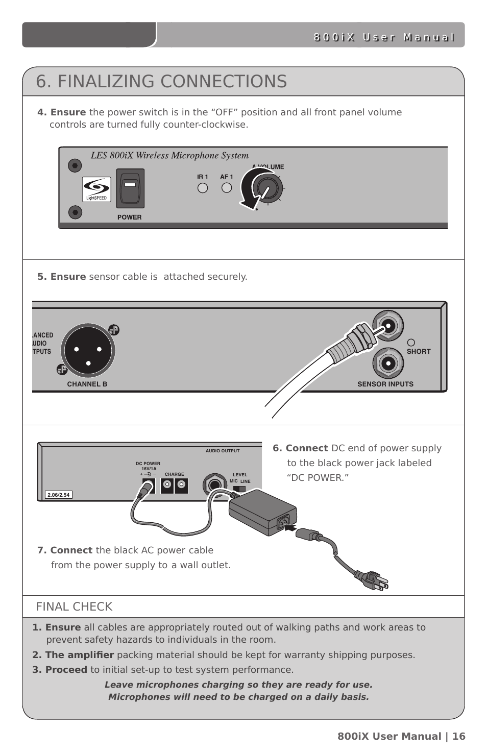 Finalizing connections, Final check, Ensure sensor cable is attached securely | LightSpeed Technologies 800iX User Manual | Page 20 / 38
