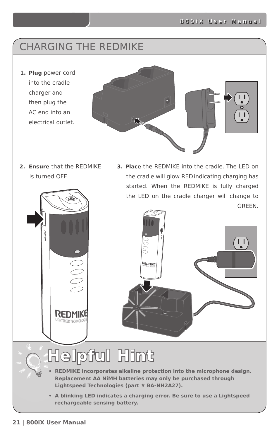 Helpful hint, Charging the redmike | LightSpeed Technologies 800iX User Manual | Page 25 / 38