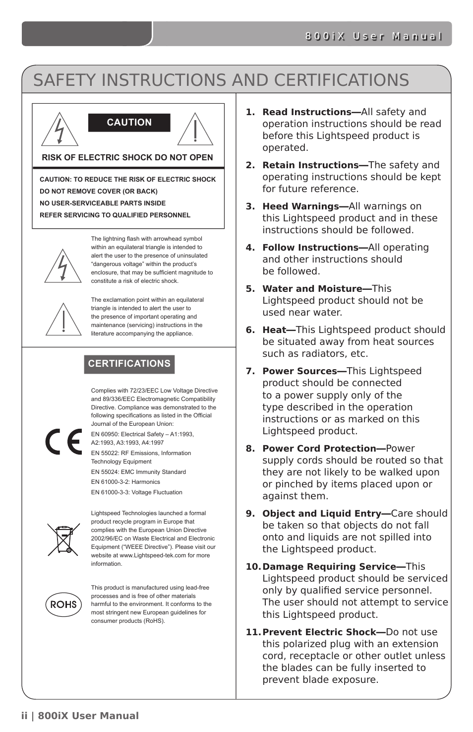 Safety instructions and certifications | LightSpeed Technologies 800iX User Manual | Page 3 / 38